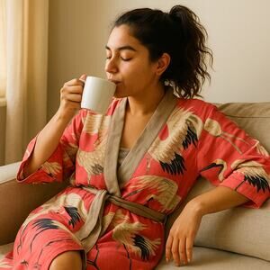 One Hundred Stars Crane Print Kimono Robe Coral Pink Modal Blend OS